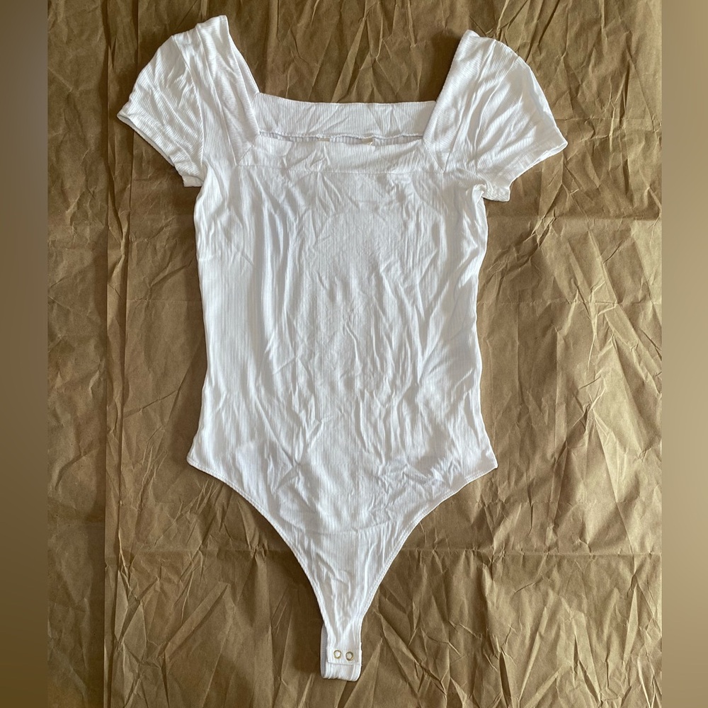 Bodysuit Top | Size Small | White Ribbed Square Neck | Minimalist